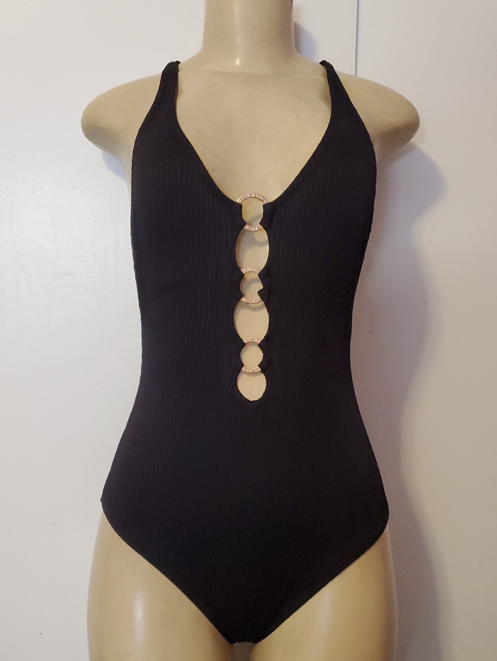Michael Kors Black One-Piece Swimsuit with Front Ring Details